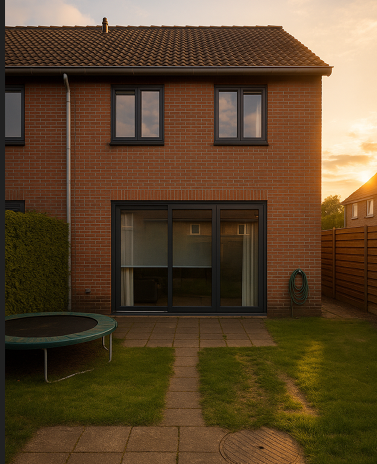 Achtertuin met bakstenen huis bij zonsondergang