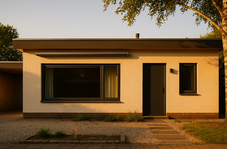 Moderne bungalow bij zonsondergang met tuinpad.